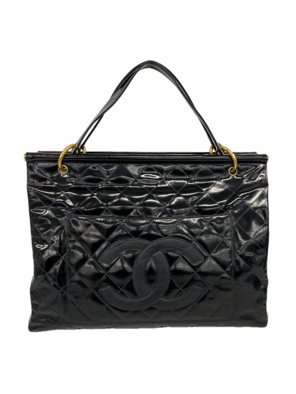 Chanel Tote Bag Quilted Patent Leather Black Gold